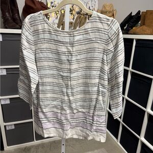 J. Jill Love Linen Striped Women's Top - Gray and White 3/4 Sleeve Petite Med